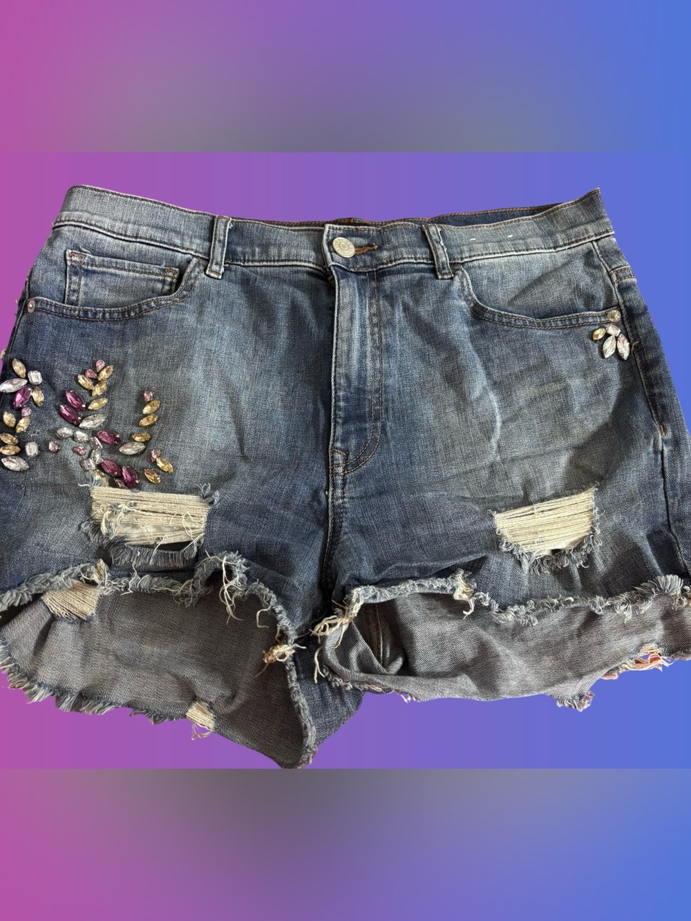 Express Embellished Distressed Denim Shorts - Blue